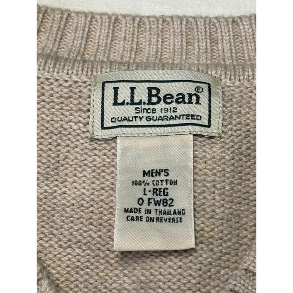 LL Bean Mens V-Neck Sweater‎ Large Beige Oatmeal 100% Cotton Knit Pullover FW82